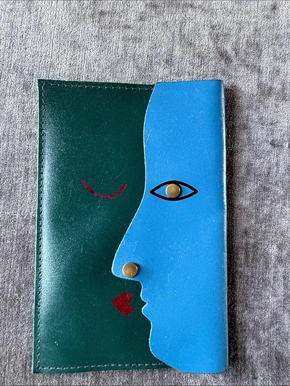 Leather Face-Print Clutch Wallet in Teal and Blue